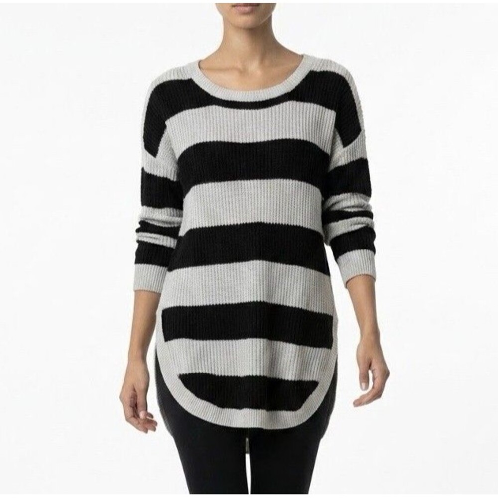 Express Women’s Small Petite Stripe Knit Sweater Tunic Long Sleeve Black Gray